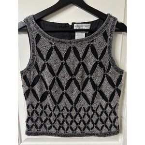 Vintage Papell Boutique Silk Hand Beaded Silver Sequin Black Sleeveless Top Sz S